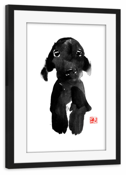 Poster mit Rahmen schwarz "Cute dog" artboxONE - Tiere,Schwarzweiß - Dog,Japan,Sumie