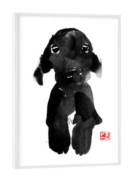 Poster mit weißem Rahmen "Cute dog" artboxONE - Tiere,Schwarzweiß - Dog,Japan,Sumie