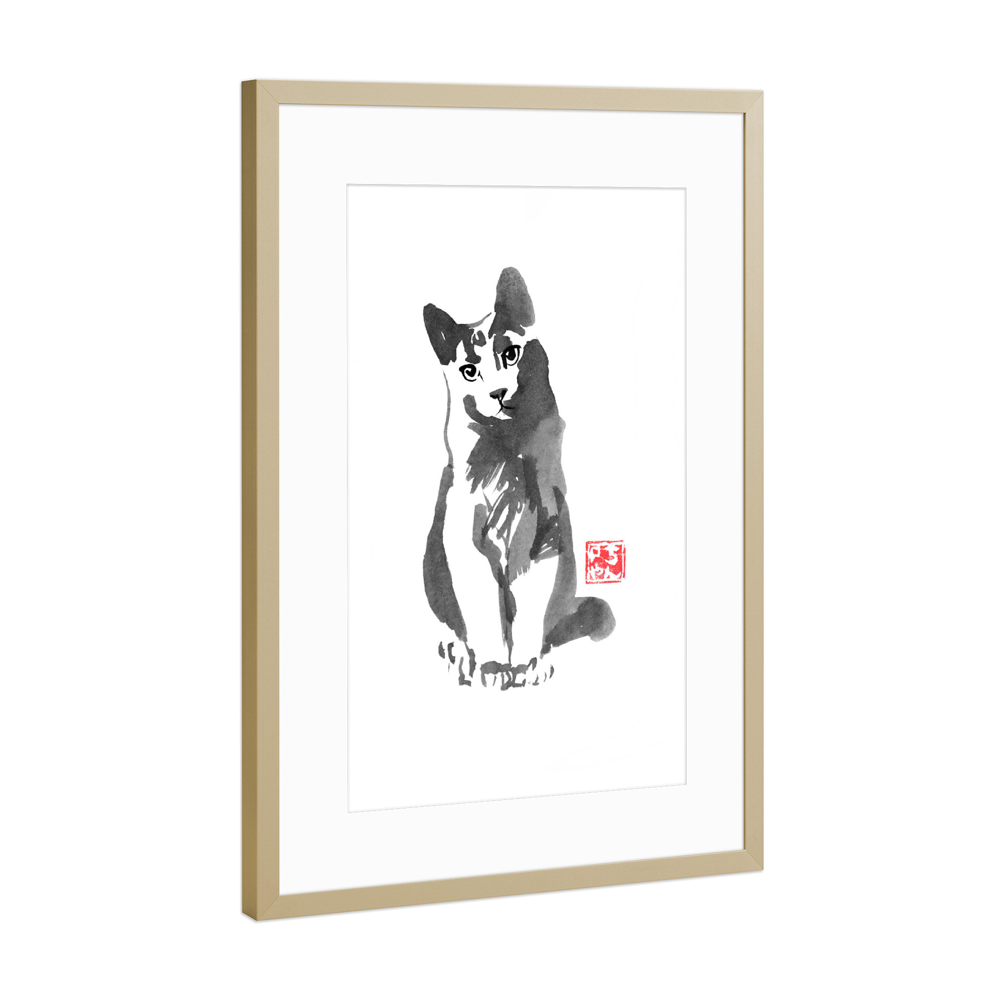 Poster mit Rahmen Gold "Sage cat" artboxONE - Tiere,Schwarzweiß - Cat,Neko,Japan,Sumie