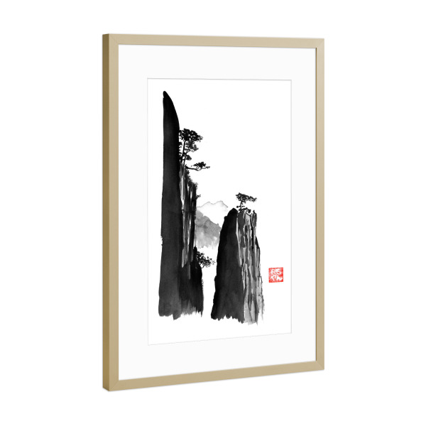 Poster mit Rahmen Gold "Rock mountain" artboxONE - Natur,Schwarzweiß - Mountain,Tree,China,Sumie,Watercolour