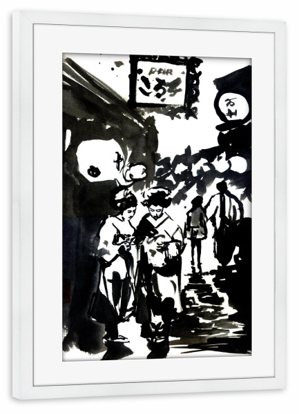 Poster mit Rahmen weiß "Edo city" artboxONE - Natur,Schwarzweiß - Edo,Japan,Tokyo,Geisha,Kimono,Street,Sumie