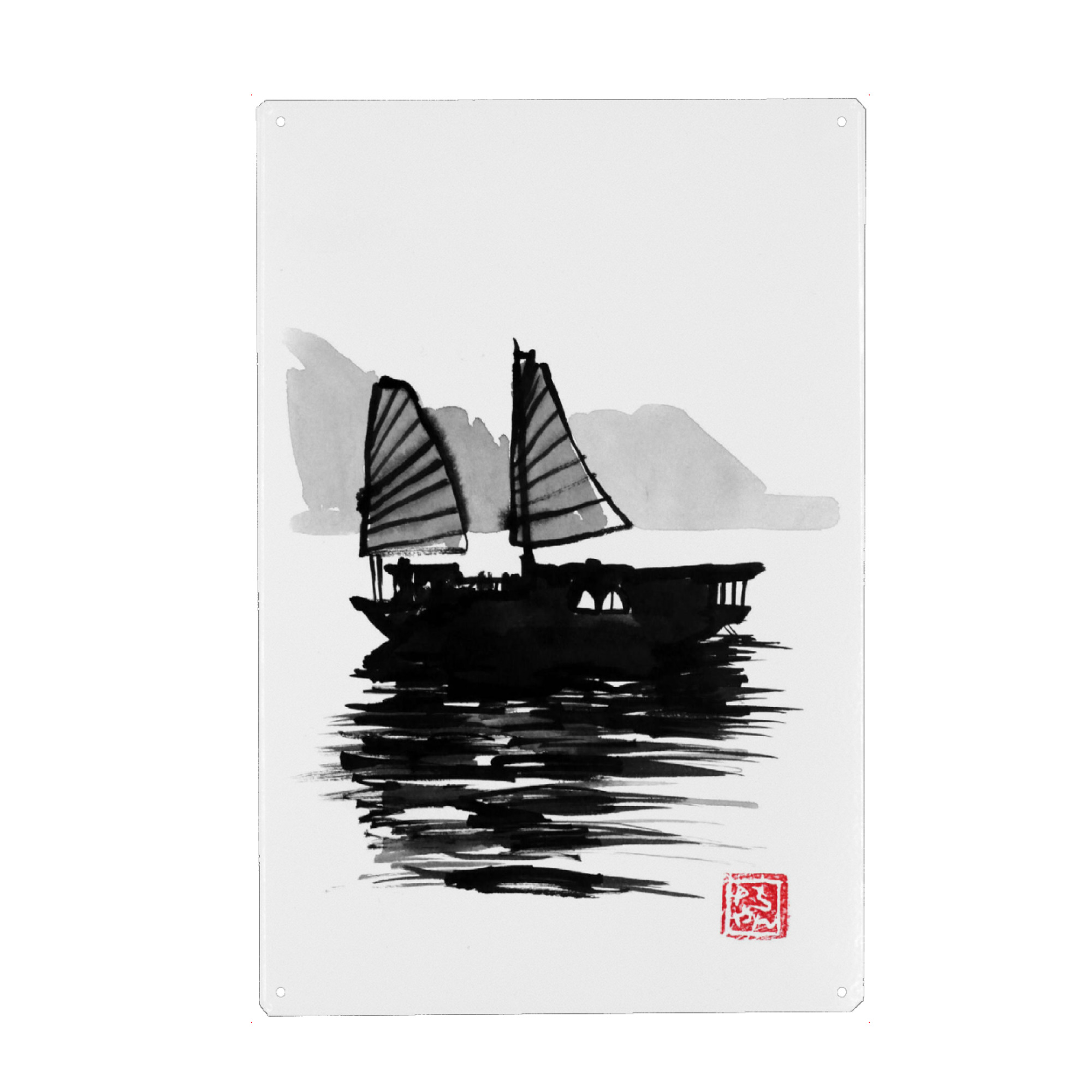 Metall Poster "Chinese boat" artboxONE - Natur,Schwarzweiß - Boat,Sea,China,Sumie,Japan - Blechschild