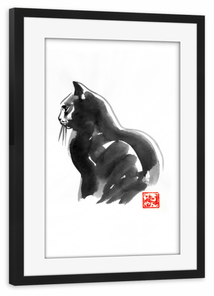 Poster mit Rahmen schwarz "Profil cat" artboxONE - Tiere,Schwarzweiß - Cat,Chat,Katze,Neko,Sumie,Japan