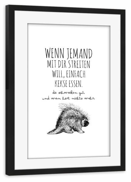 Poster mit Rahmen schwarz "Kekse essen" artboxONE - Typografie,Tiere,Essen & Trinken,Schwarzweiß,Lustig