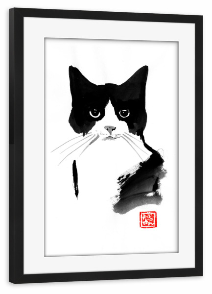 Poster mit Rahmen schwarz "Interloqué" artboxONE - Tiere,Schwarzweiß - Cat,Neko,Chat,Katze,Sumie,Japan