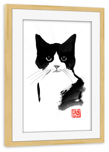 Poster mit Rahmen kiefer "Interloqué" artboxONE - Tiere,Schwarzweiß - Cat,Neko,Chat,Katze,Sumie,Japan