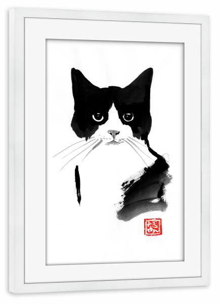 Poster mit Rahmen weiß "Interloqué" artboxONE - Tiere,Schwarzweiß - Cat,Neko,Chat,Katze,Sumie,Japan