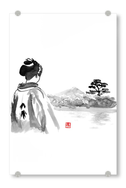 Acrylglasbild "Geisha is watching" artboxONE - Menschen,Schwarzweiß - Geisha,Landscape,Tree,Water,Japan,Kimono,Sumie