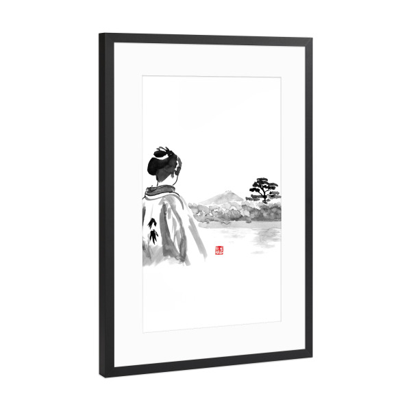 Poster mit Rahmen Schwarz (Metallic) "Geisha is watching" artboxONE - Menschen,Schwarzweiß - Geisha,Landscape,Tree,Water,Japan,Kimono,Sumie