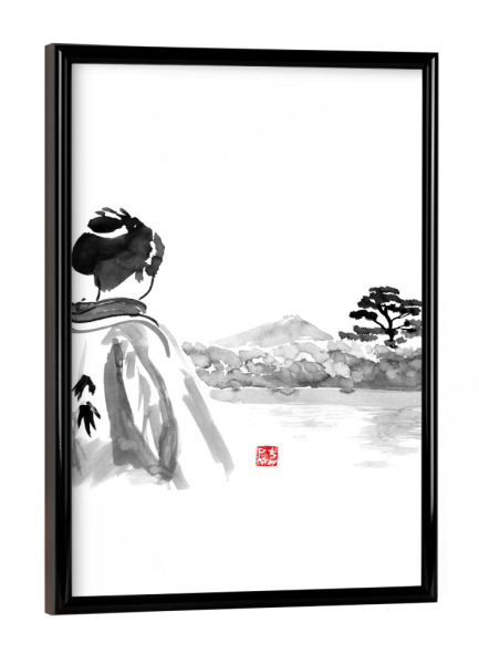 Poster mit schwarzem Rahmen "Geisha is watching" artboxONE - Menschen,Schwarzweiß - Geisha,Landscape,Tree,Water,Japan,Kimono,Sumie