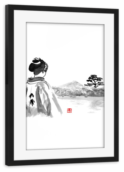 Poster mit Rahmen schwarz "Geisha is watching" artboxONE - Menschen,Schwarzweiß - Geisha,Landscape,Tree,Water,Japan,Kimono,Sumie