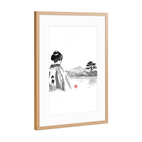 Poster mit Rahmen Kupfer "Geisha is watching" artboxONE - Menschen,Schwarzweiß - Geisha,Landscape,Tree,Water,Japan,Kimono,Sumie