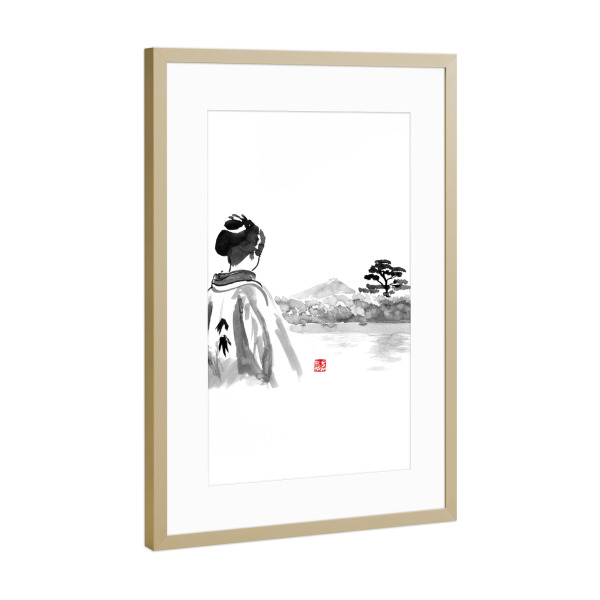 Poster mit Rahmen Gold "Geisha is watching" artboxONE - Menschen,Schwarzweiß - Geisha,Landscape,Tree,Water,Japan,Kimono,Sumie