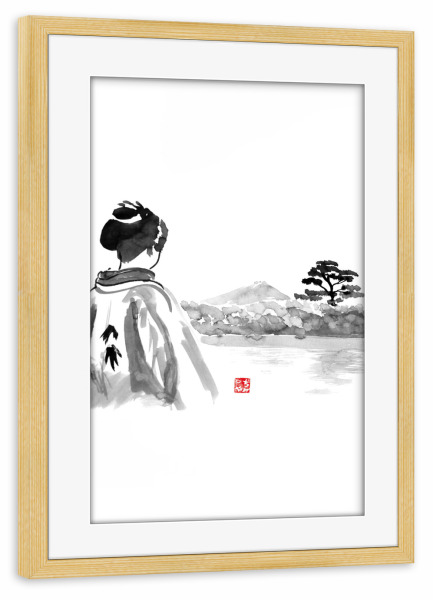 Poster mit Rahmen kiefer "Geisha is watching" artboxONE - Menschen,Schwarzweiß - Geisha,Landscape,Tree,Water,Japan,Kimono,Sumie