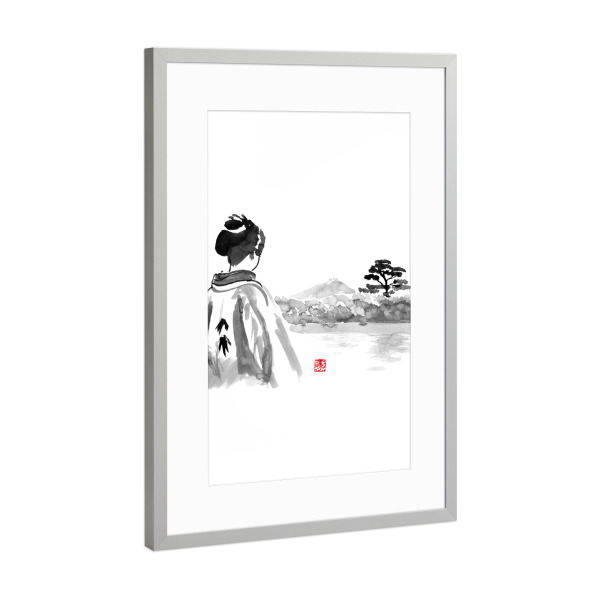 Poster mit Rahmen Silber "Geisha is watching" artboxONE - Menschen,Schwarzweiß - Geisha,Landscape,Tree,Water,Japan,Kimono,Sumie