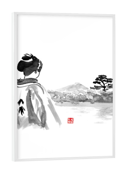 Poster mit weißem Rahmen "Geisha is watching" artboxONE - Menschen,Schwarzweiß - Geisha,Landscape,Tree,Water,Japan,Kimono,Sumie