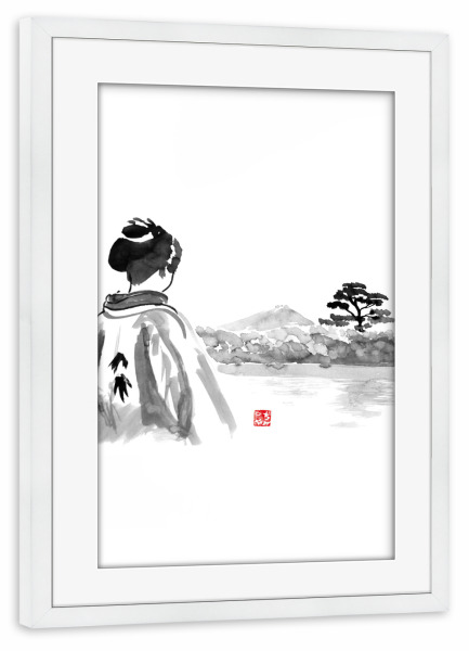 Poster mit Rahmen weiß "Geisha is watching" artboxONE - Menschen,Schwarzweiß - Geisha,Landscape,Tree,Water,Japan,Kimono,Sumie