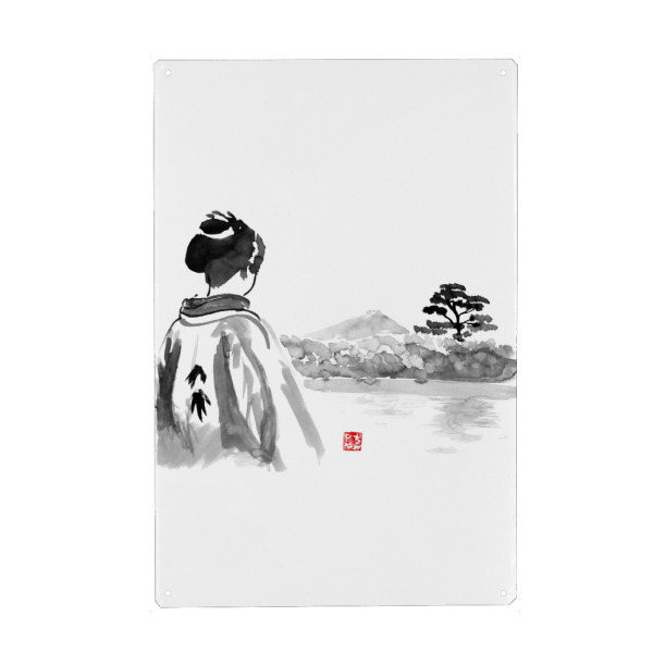 Metall Poster "Geisha is watching" artboxONE - Menschen,Schwarzweiß - Geisha,Landscape,Tree,Water,Japan,Kimono,Sumie - Blechschild