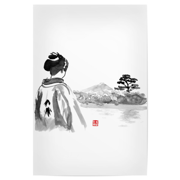 Poster "Geisha is watching" artboxONE - Menschen,Schwarzweiß - Geisha,Landscape,Tree,Water,Japan,Kimono,Sumie