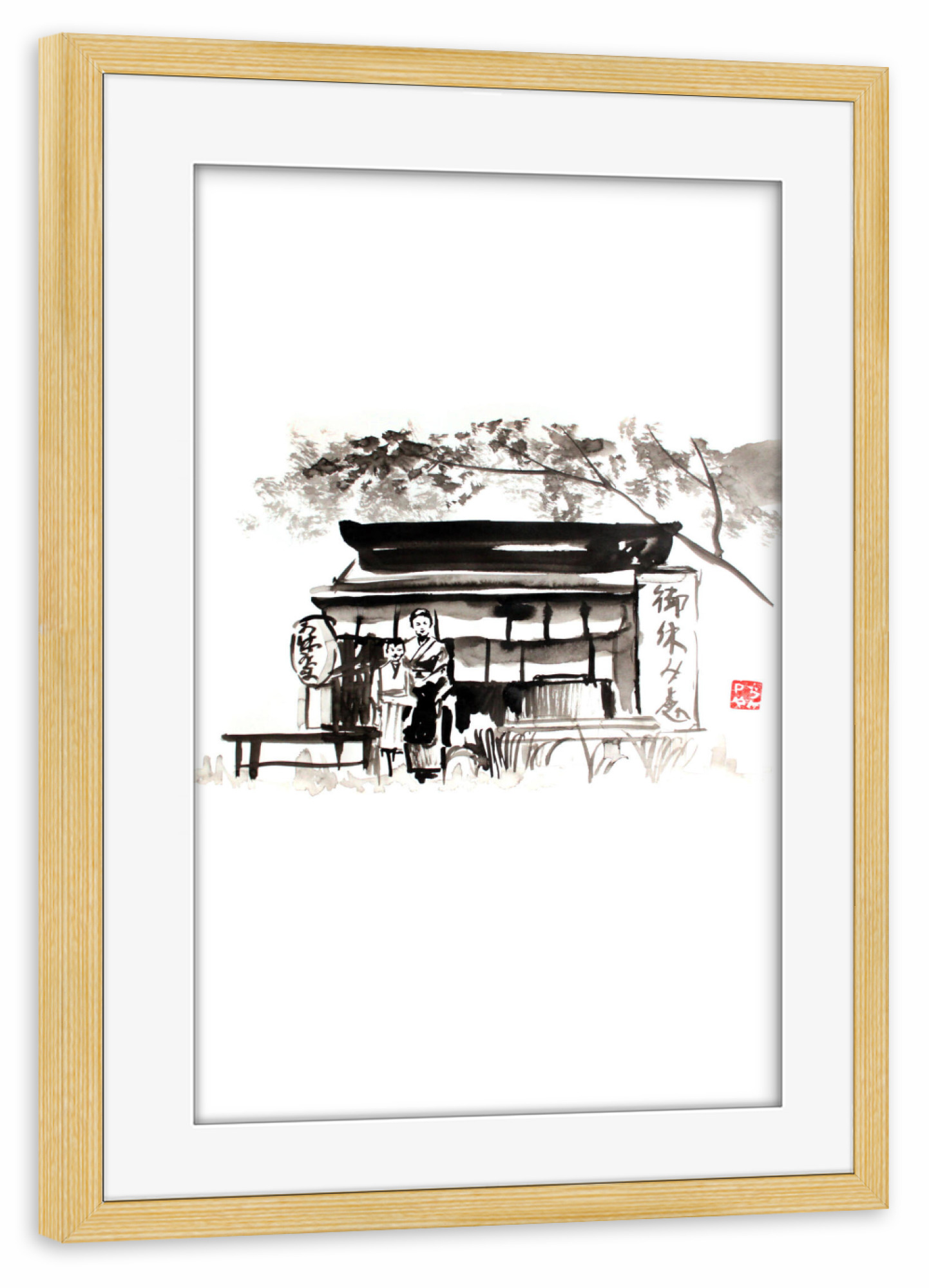 Poster mit Rahmen kiefer "Japanese Shop" artboxONE - Schwarzweiß,Reise / Asien - Japan,Woman,Child,Shop,Edo,Sumie