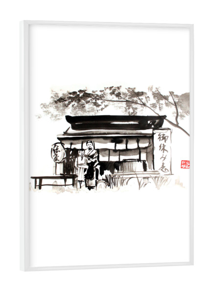 Poster mit weißem Rahmen "Japanese Shop" artboxONE - Schwarzweiß,Reise / Asien - Japan,Woman,Child,Shop,Edo,Sumie