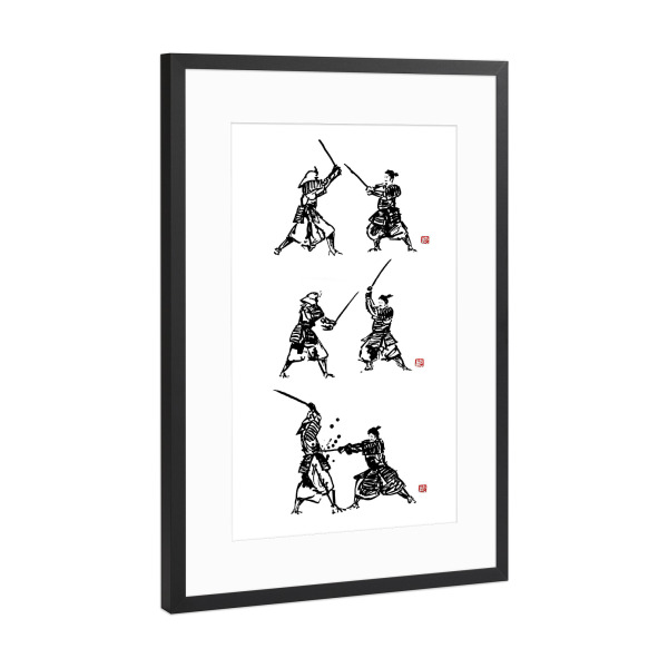 Poster mit Rahmen Schwarz (Metallic) "Samurai fight tryptique" artboxONE - Menschen,Schwarzweiß,Reise / Asien