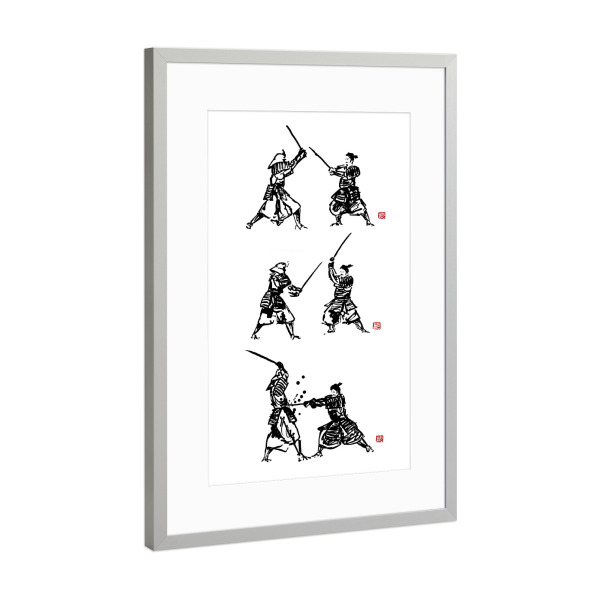 Poster mit Rahmen Silber "Samurai fight tryptique" artboxONE - Menschen,Schwarzweiß,Reise / Asien - Samurai,Japan,Sword,Katana,Kimono,Hakama,Sumie