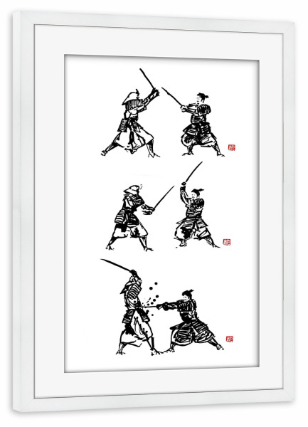 Poster mit Rahmen weiß "Samurai fight tryptique" artboxONE - Menschen,Schwarzweiß,Reise / Asien - Samurai,Japan,Sword,Katana,Kimono,Hakama,Sumie