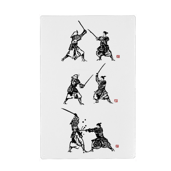 Holzbild "Samurai fight tryptique" artboxONE - Menschen,Schwarzweiß,Reise / Asien - Samurai,Japan,Sword,Katana,Kimono,Hakama,Sumie