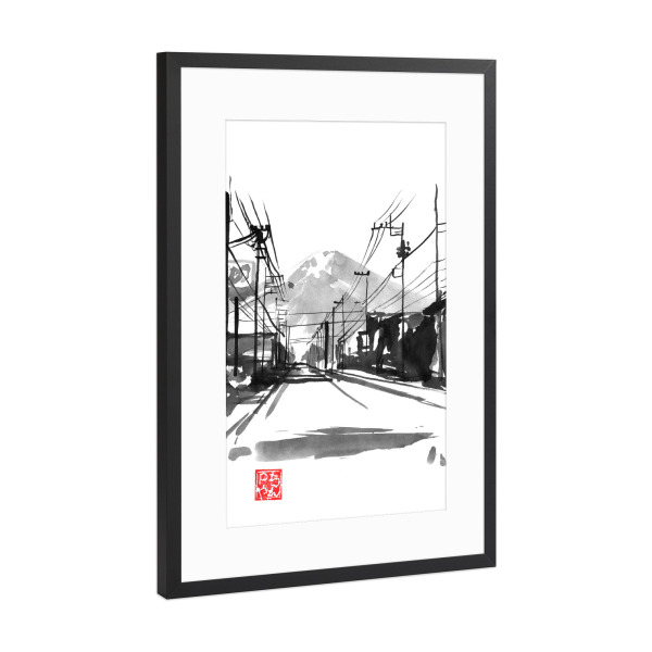 Poster mit Rahmen Schwarz (Metallic) "Fujiyoshida" artboxONE - Schwarzweiß,Reise / Asien - City,Fuji,Mount,Electric wires,Sumie,Japan