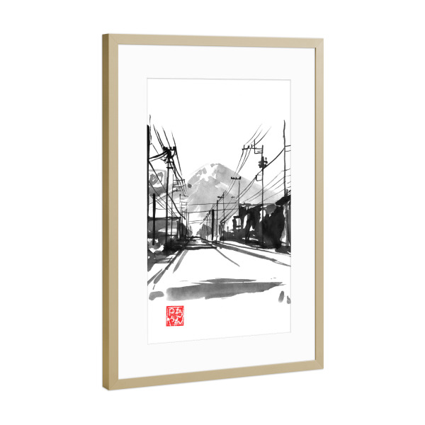 Poster mit Rahmen Gold "Fujiyoshida" artboxONE - Schwarzweiß,Reise / Asien - City,Fuji,Mount,Electric wires,Sumie,Japan