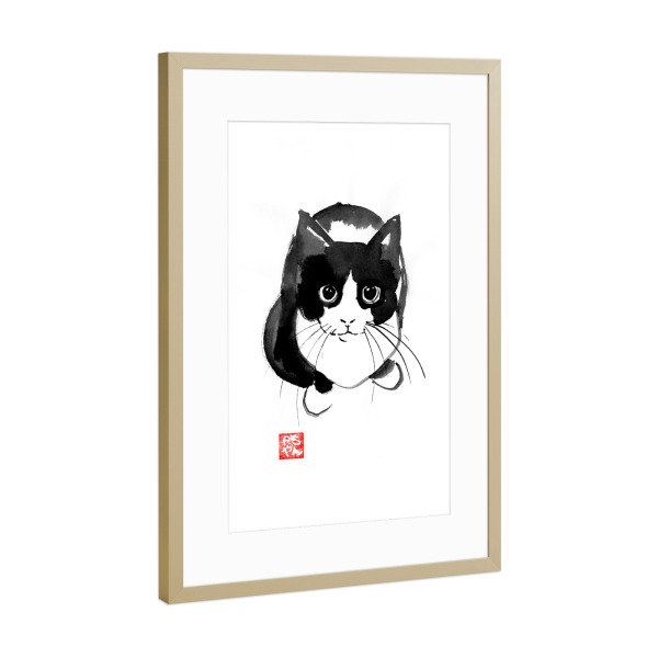 Poster mit Rahmen Gold "From above cat" artboxONE - Tiere,Schwarzweiß - Cat,Neko,Katze,Chat,Sumie,Sumi-e,Japan
