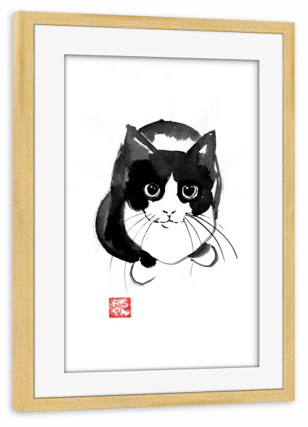 Poster mit Rahmen kiefer "From above cat" artboxONE - Tiere,Schwarzweiß - Cat,Neko,Katze,Chat,Sumie,Sumi-e,Japan