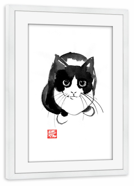 Poster mit Rahmen weiß "From above cat" artboxONE - Tiere,Schwarzweiß - Cat,Neko,Katze,Chat,Sumie,Sumi-e,Japan