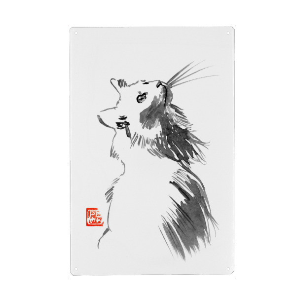 Metall Poster "White cat" artboxONE - Tiere,Schwarzweiß - Cat,Chat,Neko,Katze,Sumie - Blechschild