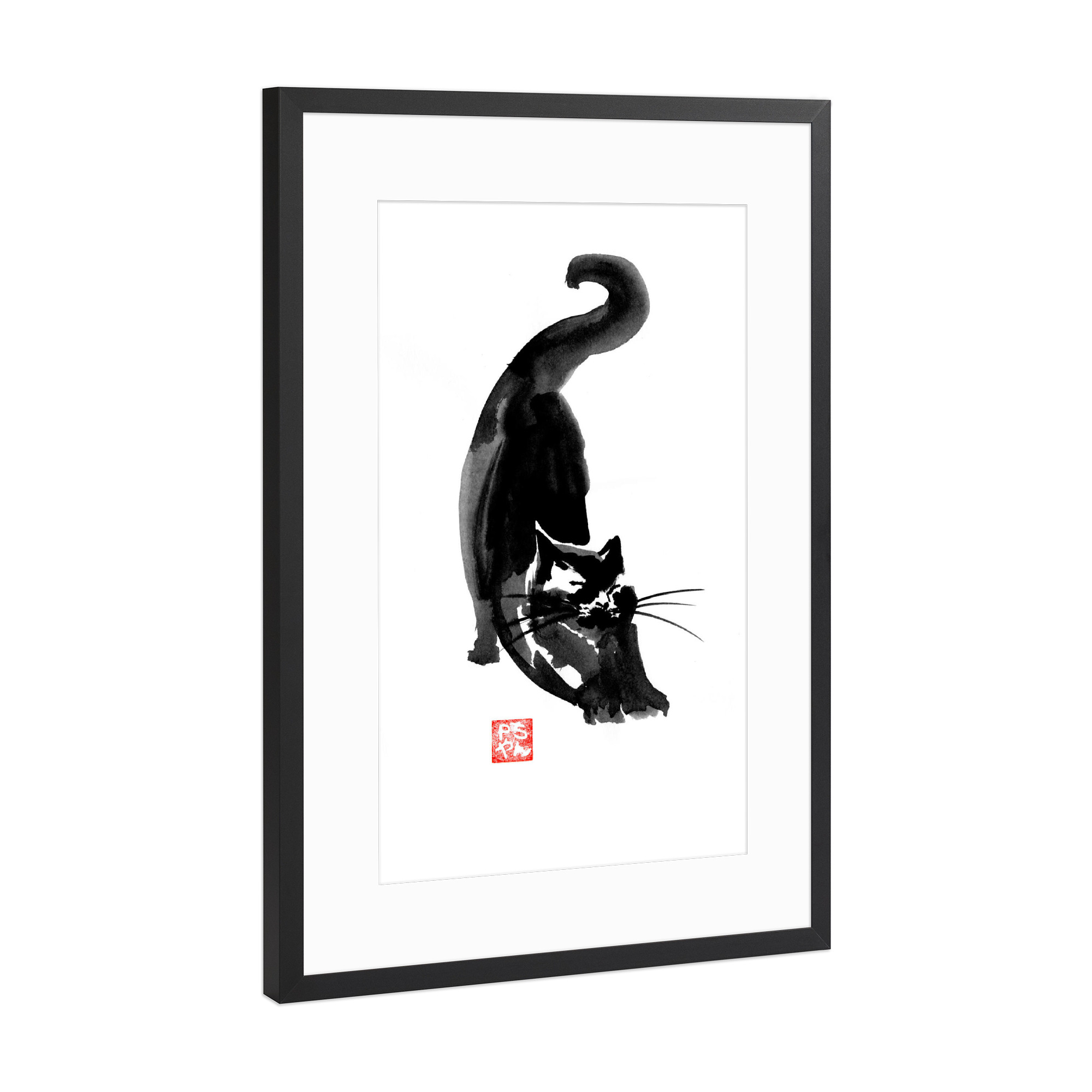 Poster mit Rahmen Schwarz (Metallic) "Stretching cat" artboxONE - Tiere,Schwarzweiß - Cat,Katze,Neko,Chat,Sumie,Japan