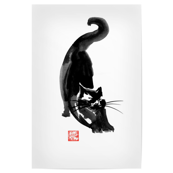 Poster 30x20 cm "Stretching cat" artboxONE - Tiere,Schwarzweiß - Cat,Katze,Neko,Chat,Sumie,Japan
