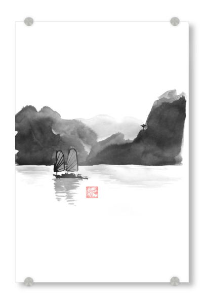 Acrylglasbild "Boat in Halong Bay" artboxONE - Schwarzweiß,Reise / Asien - Boat,Along,Bay,Tree,Sumie,Vietnam