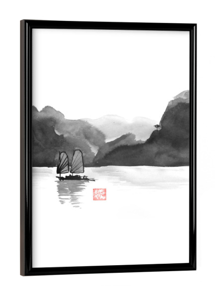 Poster mit schwarzem Rahmen "Boat in Halong Bay" artboxONE - Schwarzweiß,Reise / Asien - Boat,Along,Bay,Tree,Sumie,Vietnam
