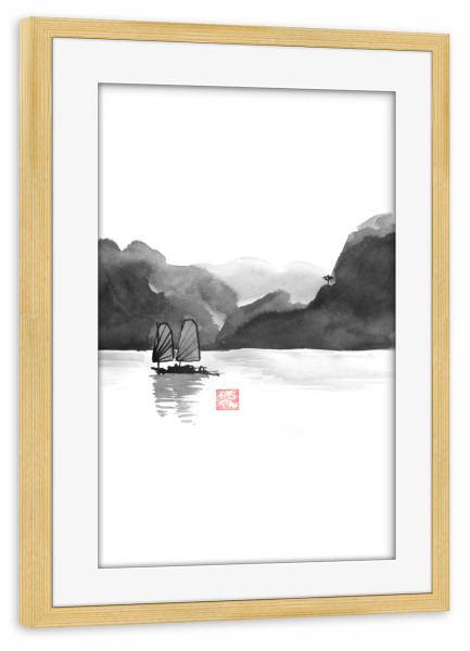 Poster mit Rahmen kiefer "Boat in Halong Bay" artboxONE - Schwarzweiß,Reise / Asien - Boat,Along,Bay,Tree,Sumie,Vietnam