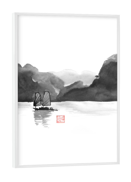 Poster mit weißem Rahmen "Boat in Halong Bay" artboxONE - Schwarzweiß,Reise / Asien - Boat,Along,Bay,Tree,Sumie,Vietnam