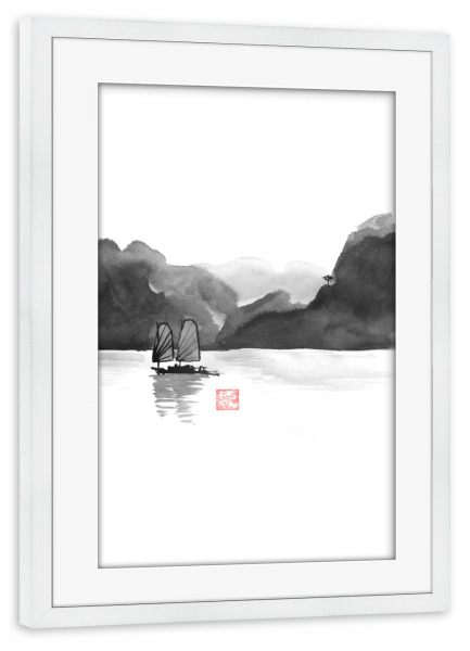 Poster mit Rahmen weiß "Boat in Halong Bay" artboxONE - Schwarzweiß,Reise / Asien - Boat,Along,Bay,Tree,Sumie,Vietnam