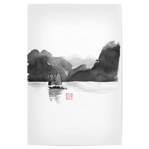 Poster "Boat in Halong Bay" artboxONE - Schwarzweiß,Reise / Asien - Boat,Along,Bay,Tree,Sumie,Vietnam