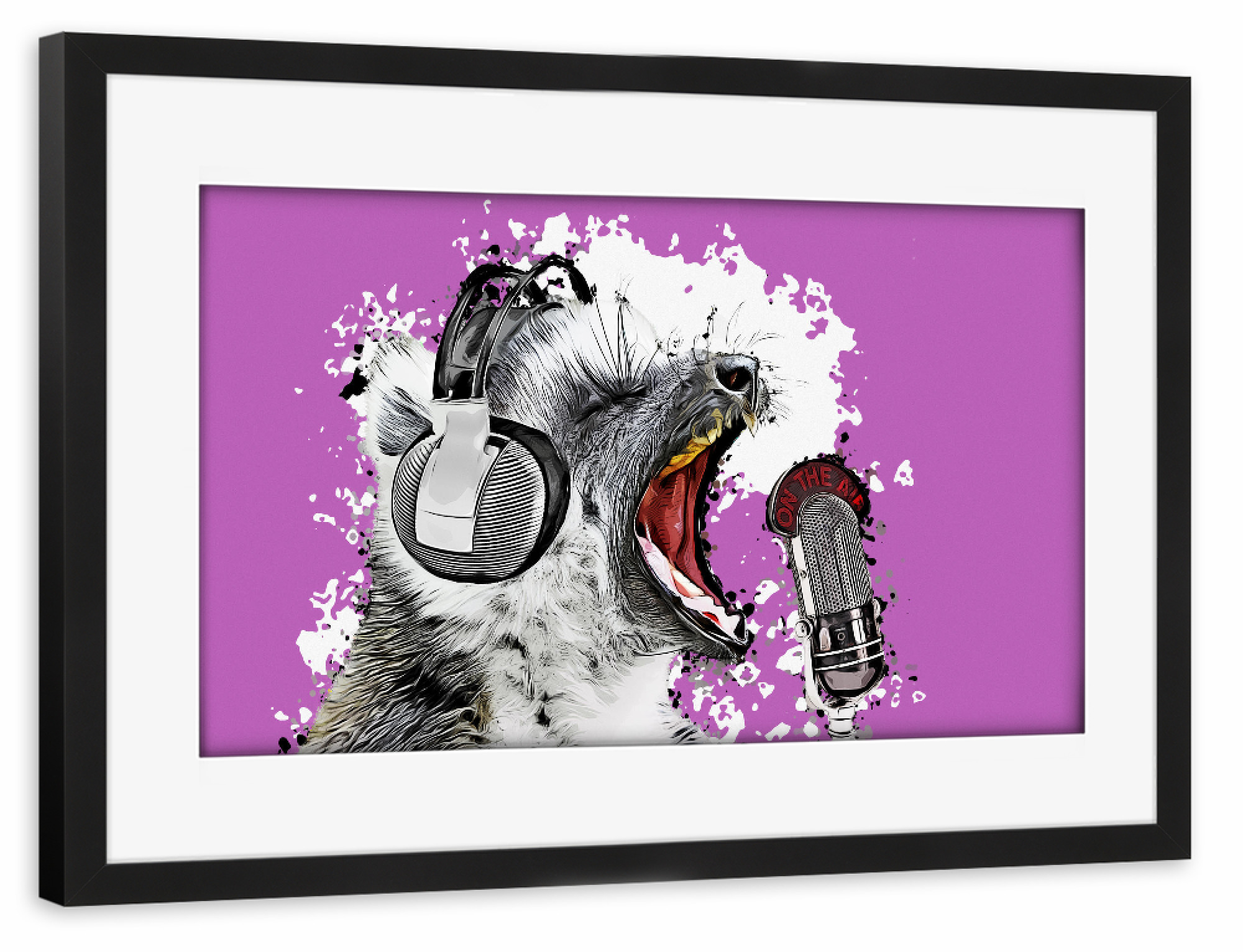 Poster mit Rahmen schwarz "Singing Lemur lila" artboxONE - Tiere,Comic,Lustig - Affe,Comic,Lemur,Mikrofon,Modern,Popart,Tierportrait,Singen,Katta