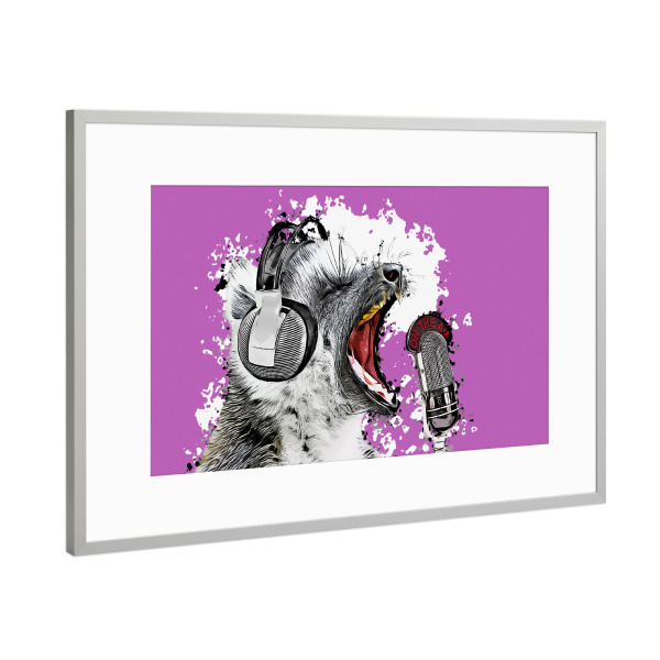 Poster mit Rahmen Silber "Singing Lemur lila" artboxONE - Tiere,Comic,Lustig - Affe,Comic,Lemur,Mikrofon,Modern,Popart,Tierportrait,Singen,Katta