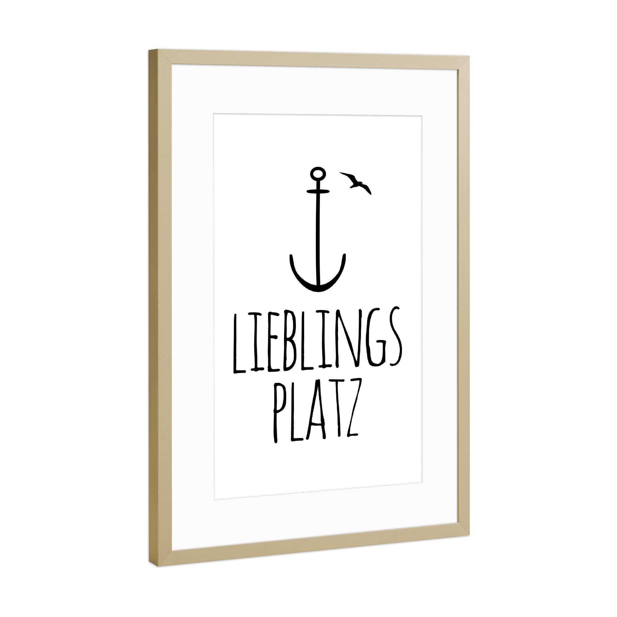 Poster mit Rahmen Gold "Lieblingsplatz maritim" artboxONE - Typografie,Schwarzweiß