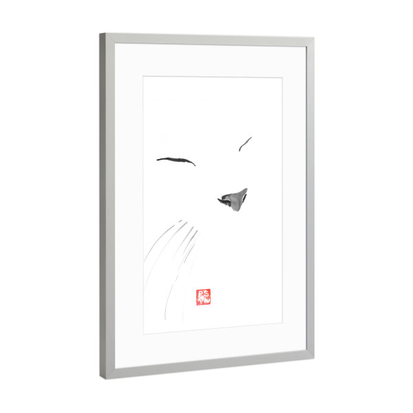 Poster mit Rahmen Silber "Cat in white" artboxONE - Tiere,Schwarzweiß - Cat,White,Lines,Chat,Katze,Neko,Sumie,Japan