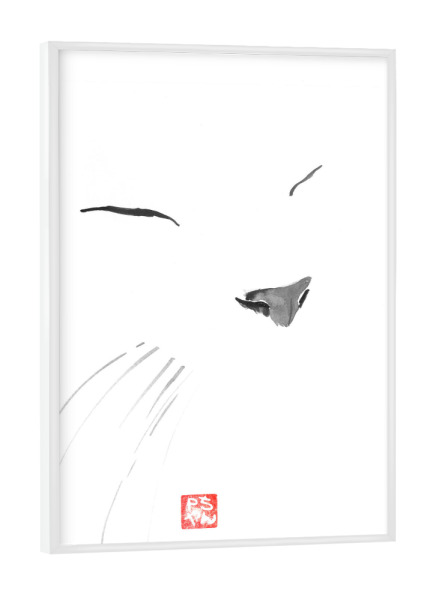 Poster mit weißem Rahmen "Cat in white" artboxONE - Tiere,Schwarzweiß - Cat,White,Lines,Chat,Katze,Neko,Sumie,Japan