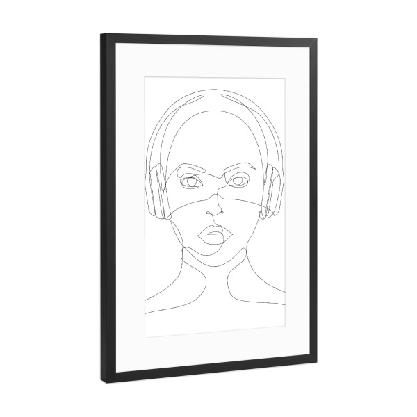 Poster mit Rahmen Schwarz (Metallic) "Girl with Headphones" artboxONE - Menschen,Schwarzweiß,Musik - Minimal,Music,Record,Sound,Face