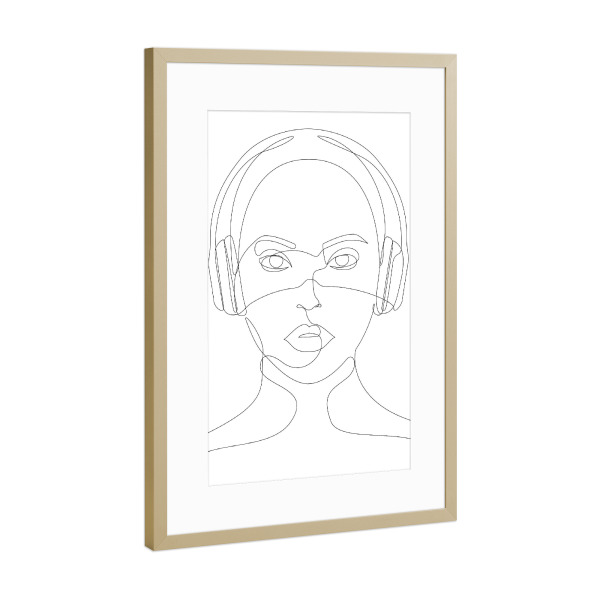 Poster mit Rahmen Gold "Girl with Headphones" artboxONE - Menschen,Schwarzweiß,Musik - Minimal,Music,Record,Sound,Face